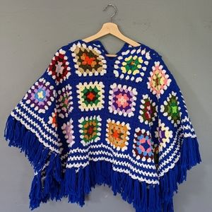 Vintage Handmade Crocheted Granny Square Poncho
